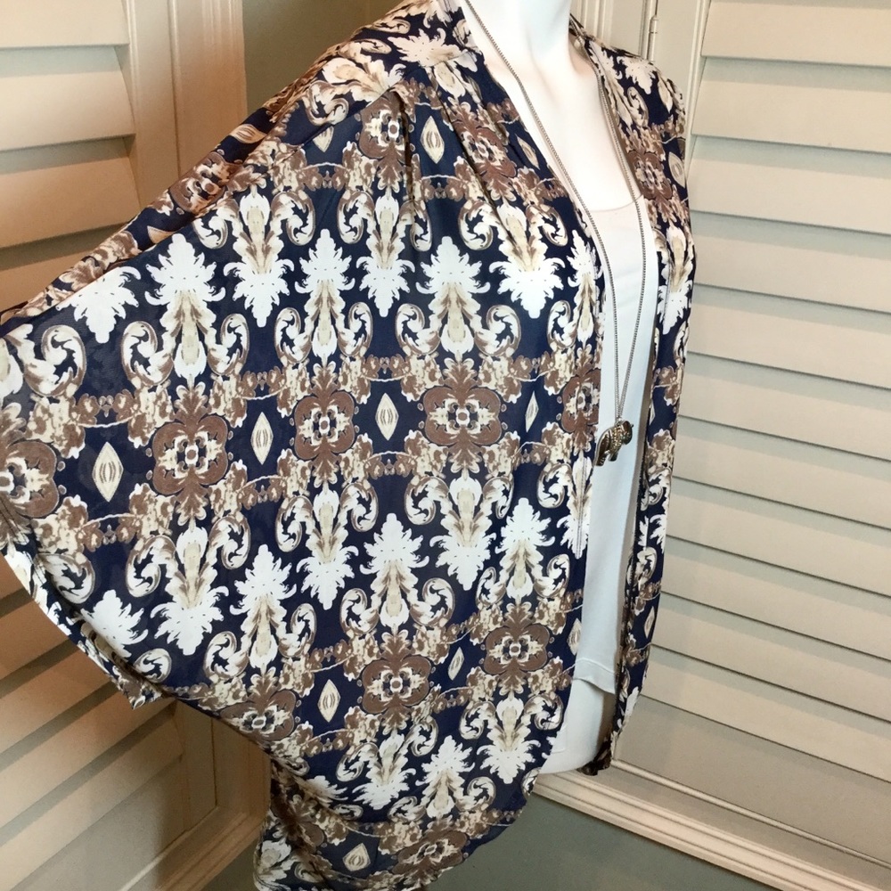 Navy Mesh Scroll Print Kimono Cardigan - Picture 4 of 8